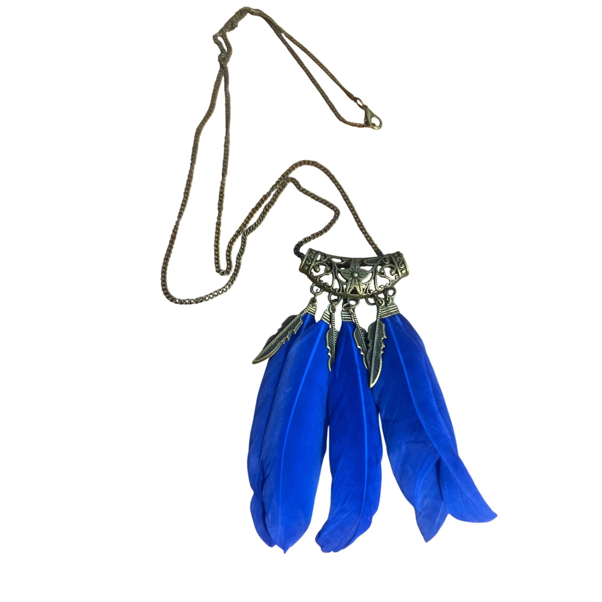 Other Boho Antique Gold Royal Blue Feather Pendant Necklace Feathe Size ONE SIZE - 1 Thumbnail