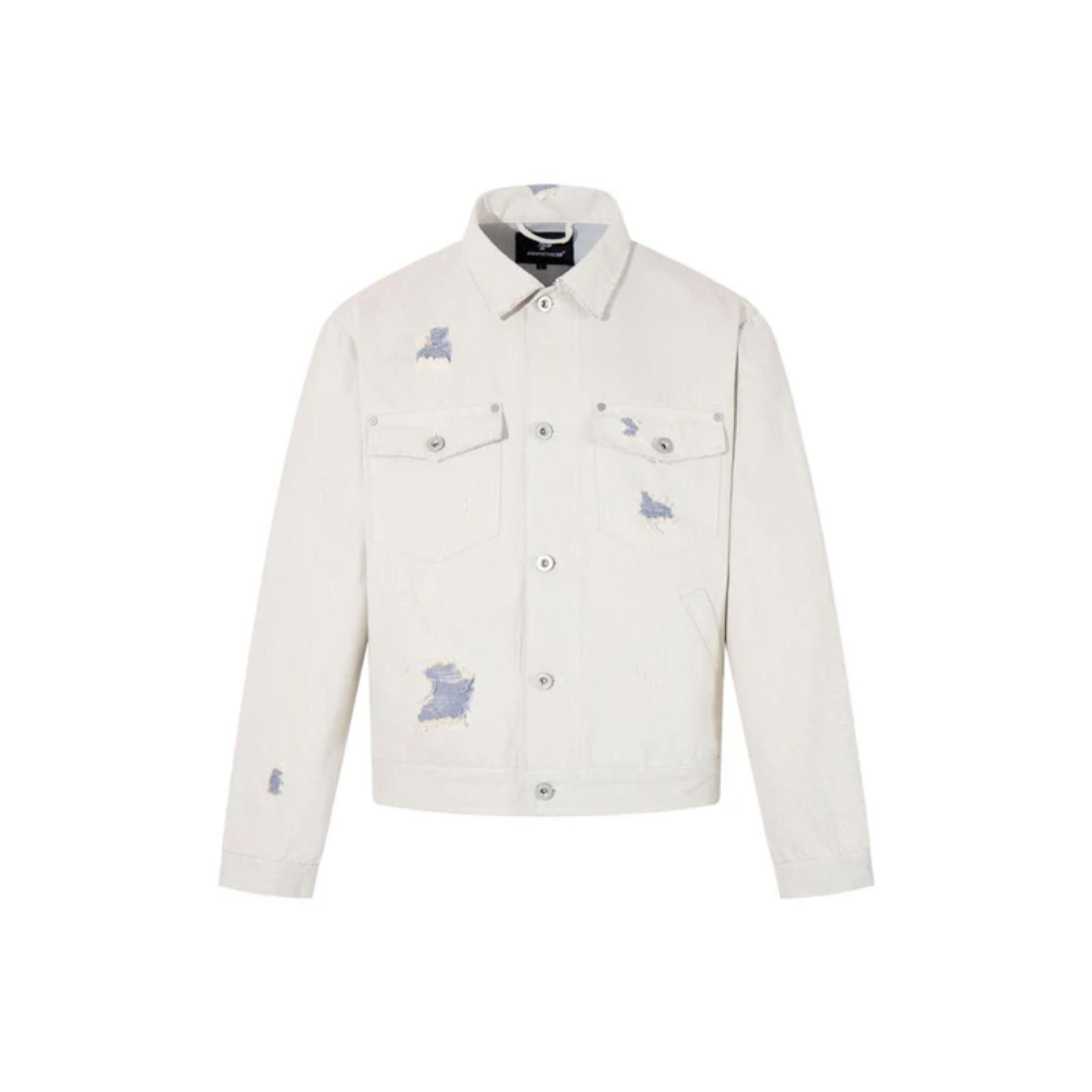 White Distressed Denim Jacket with Blue Patch Detailing