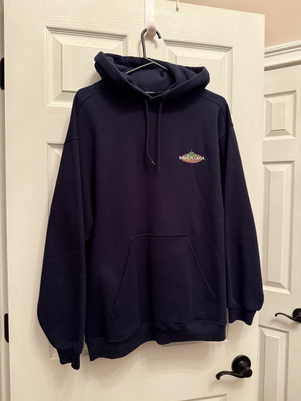 正規品　BALENCIAGA ネイビー パーカー BONJOUR サイズxs Balenciaga Balenciaga Bonjour Logo Print Back Hoodie Navy | Grailed