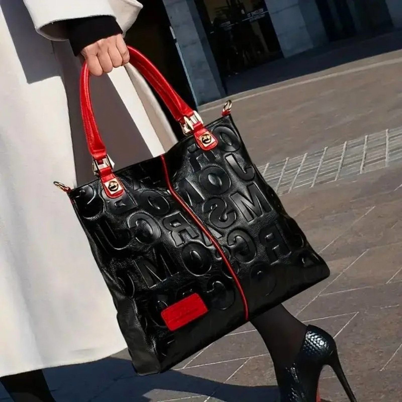 Other Genuine Leather Letter Embossed Tote Bag - Black/Red Size ONE SIZE - 2 Thumbnail