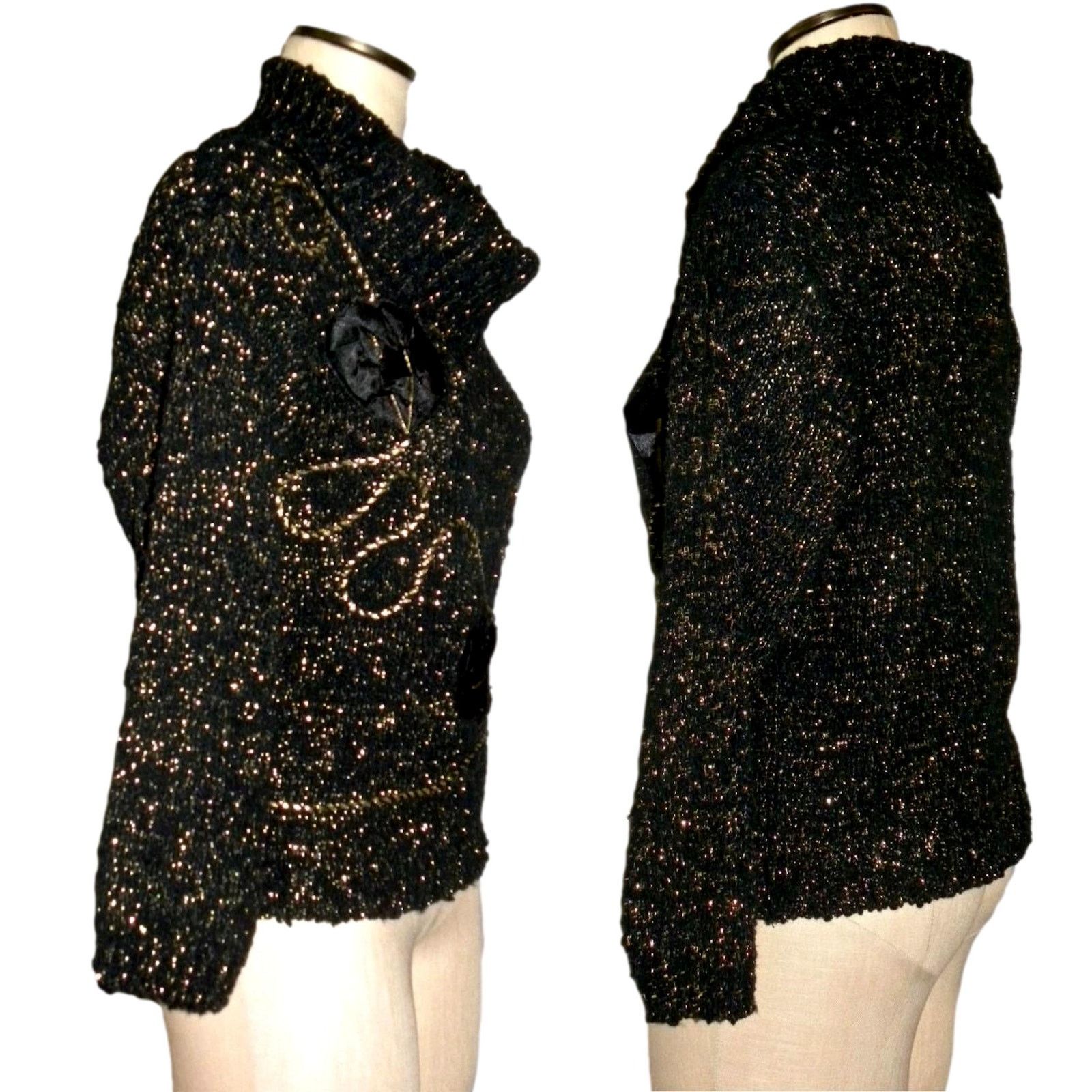 Vintage 80s Black & Gold Lurex Metallic COWL Neck Sweater Size XS / US 0-2 / IT 36-38 - 7 Thumbnail