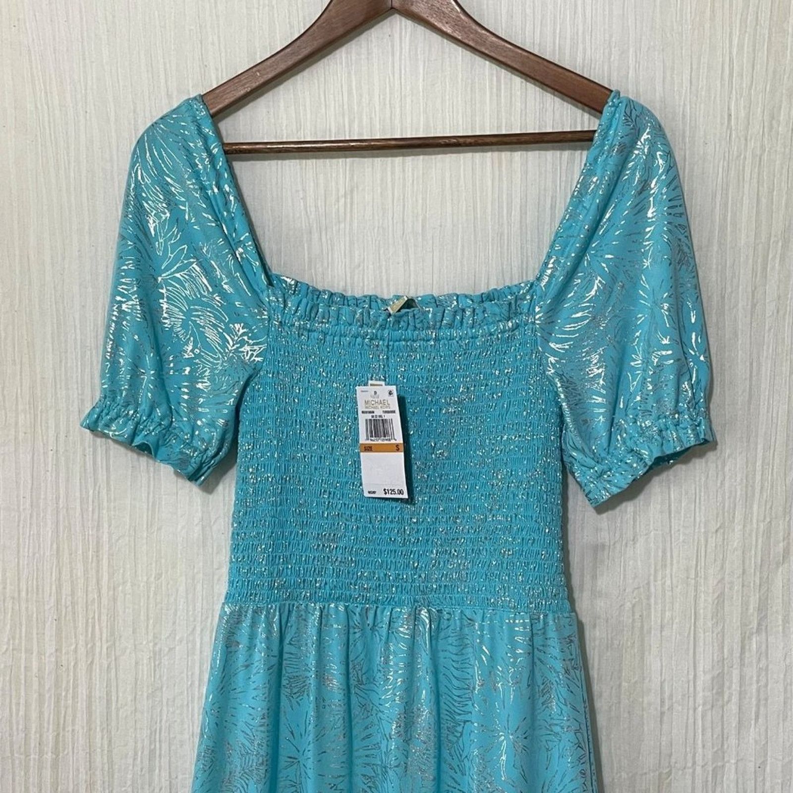 Michael Kors Michael Kors Smocked Peasant Dress Foil Print Turquoises Size S / US 4 / IT 40 - 4 Thumbnail