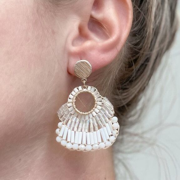 Other Gold tone white beaded fan dangle earrings Size ONE SIZE - 2 Thumbnail