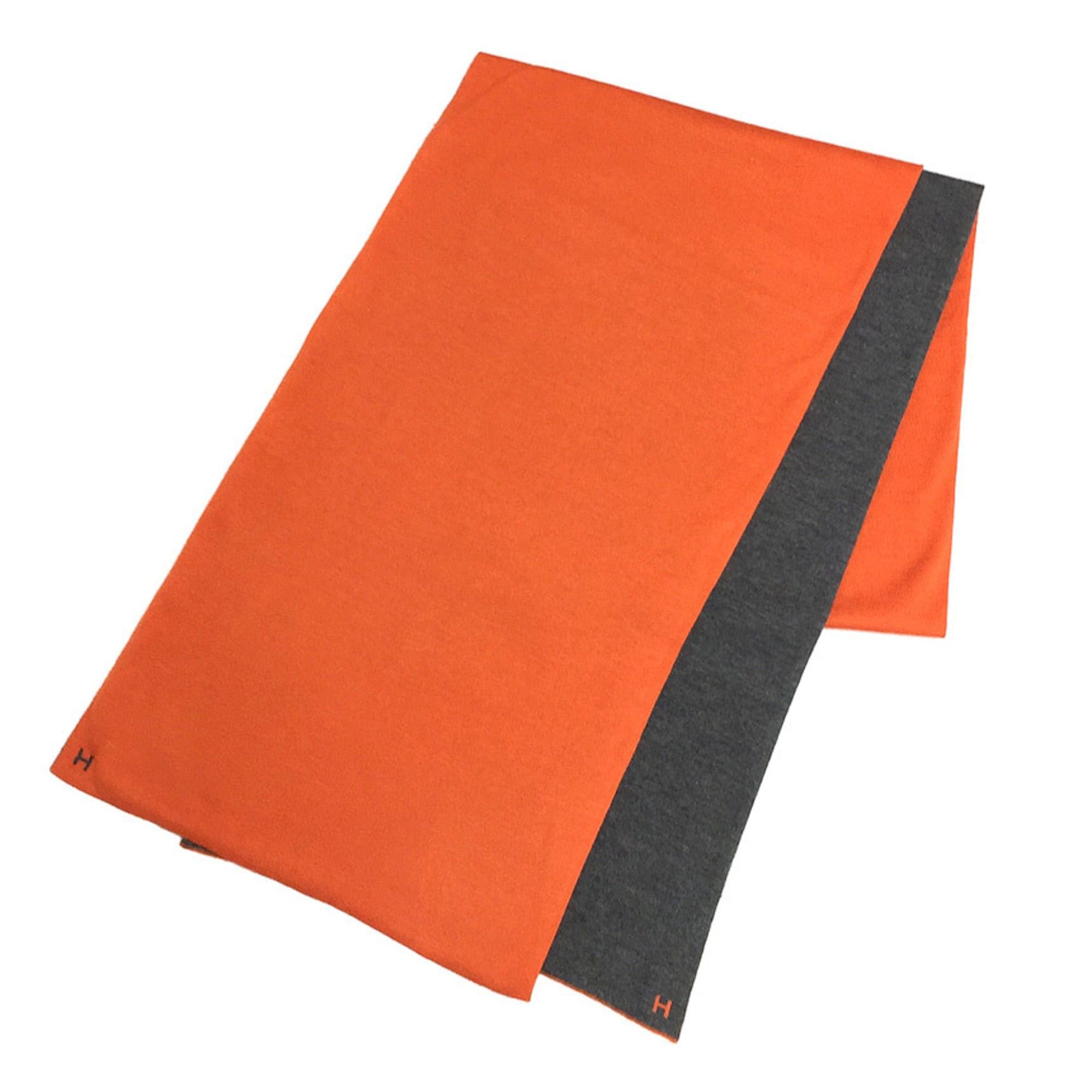 Hermes HERMES ECHARPE MAILLE 30x180 ALLER RETOUR Reversible Cashmere Silk Scarf/Shawl (Gray x Orange) - Men's & Women's Size ONE SIZE - 1 Thumbnail