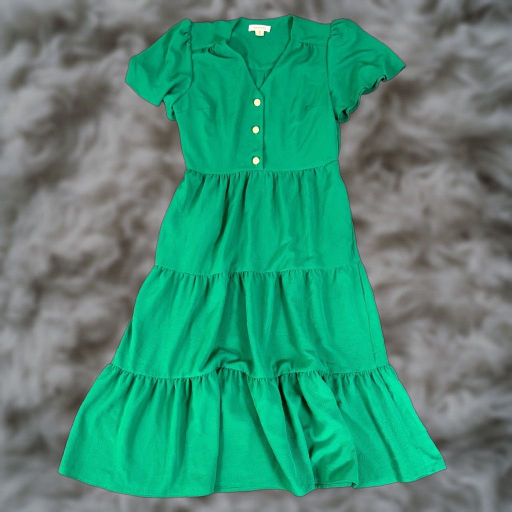 Vintage Monteau Los Angeles Green Tiered Short Sleeve Button Dress Women’s Medium Size 32" / US 10 / IT 46 - 1 Thumbnail