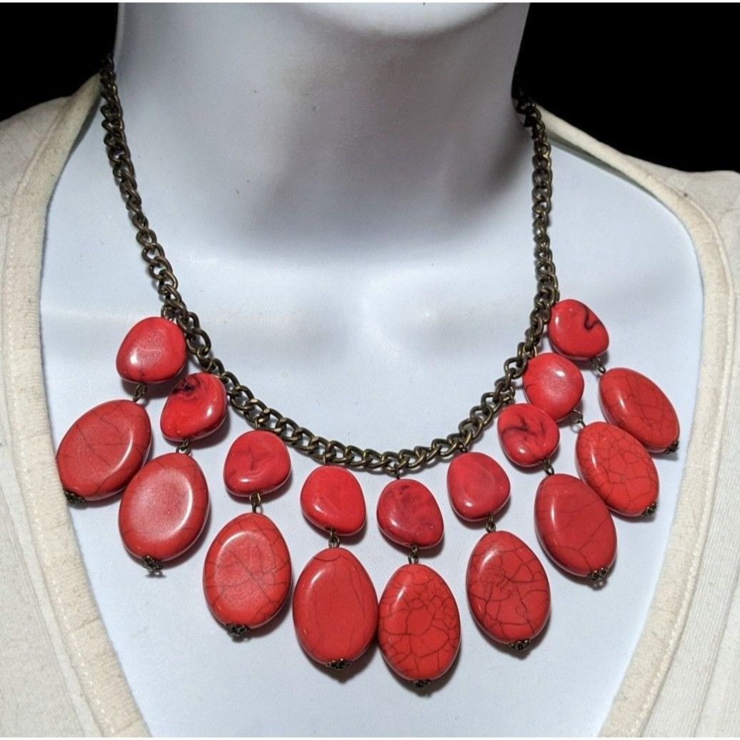 Other Red Howlite Beaded Fringe Statement Necklace Size ONE SIZE - 3 Thumbnail
