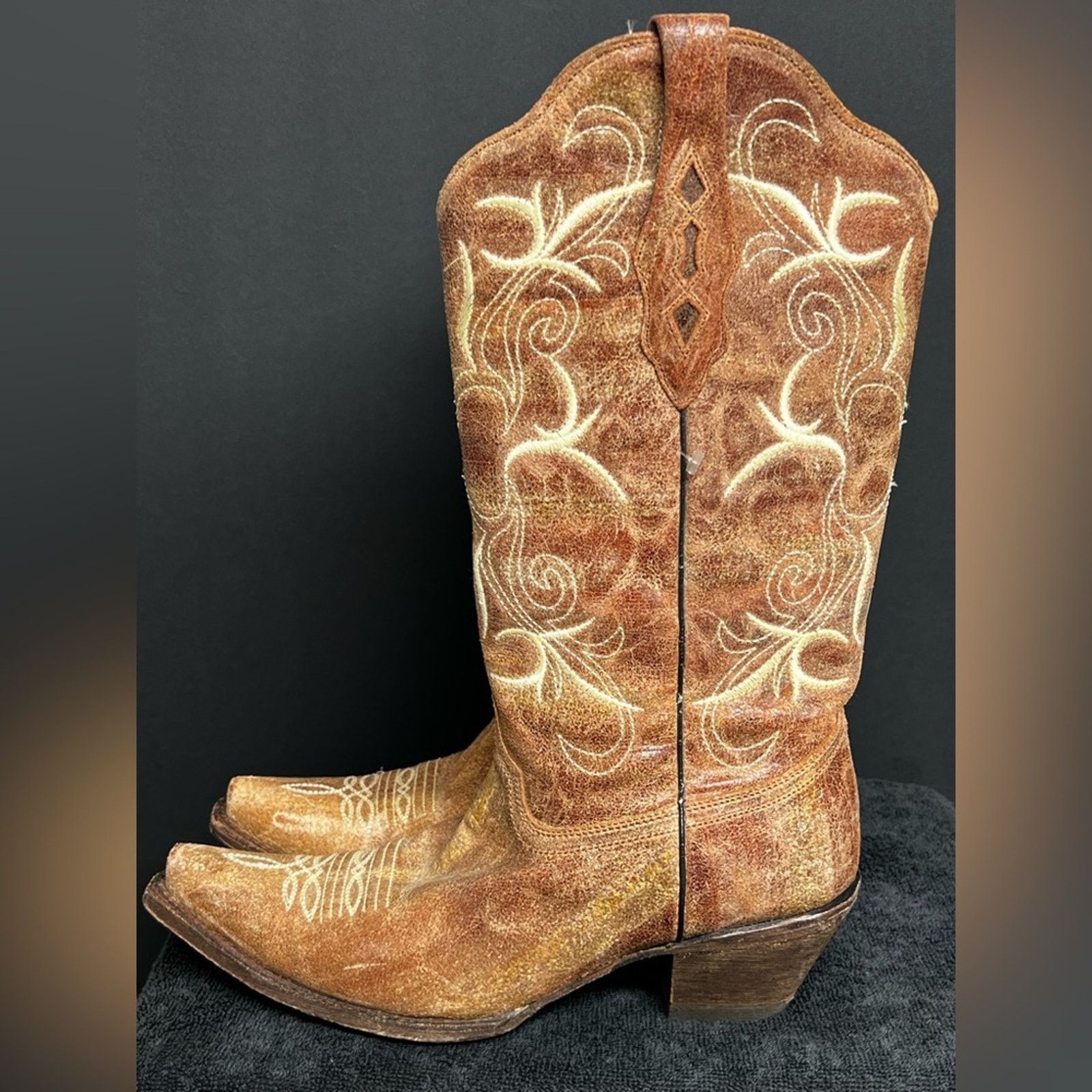 Corral Corral® Tan Cognac Embroidered Square Toe Cowboy Boots Size US 10 / IT 40 - 1 Thumbnail