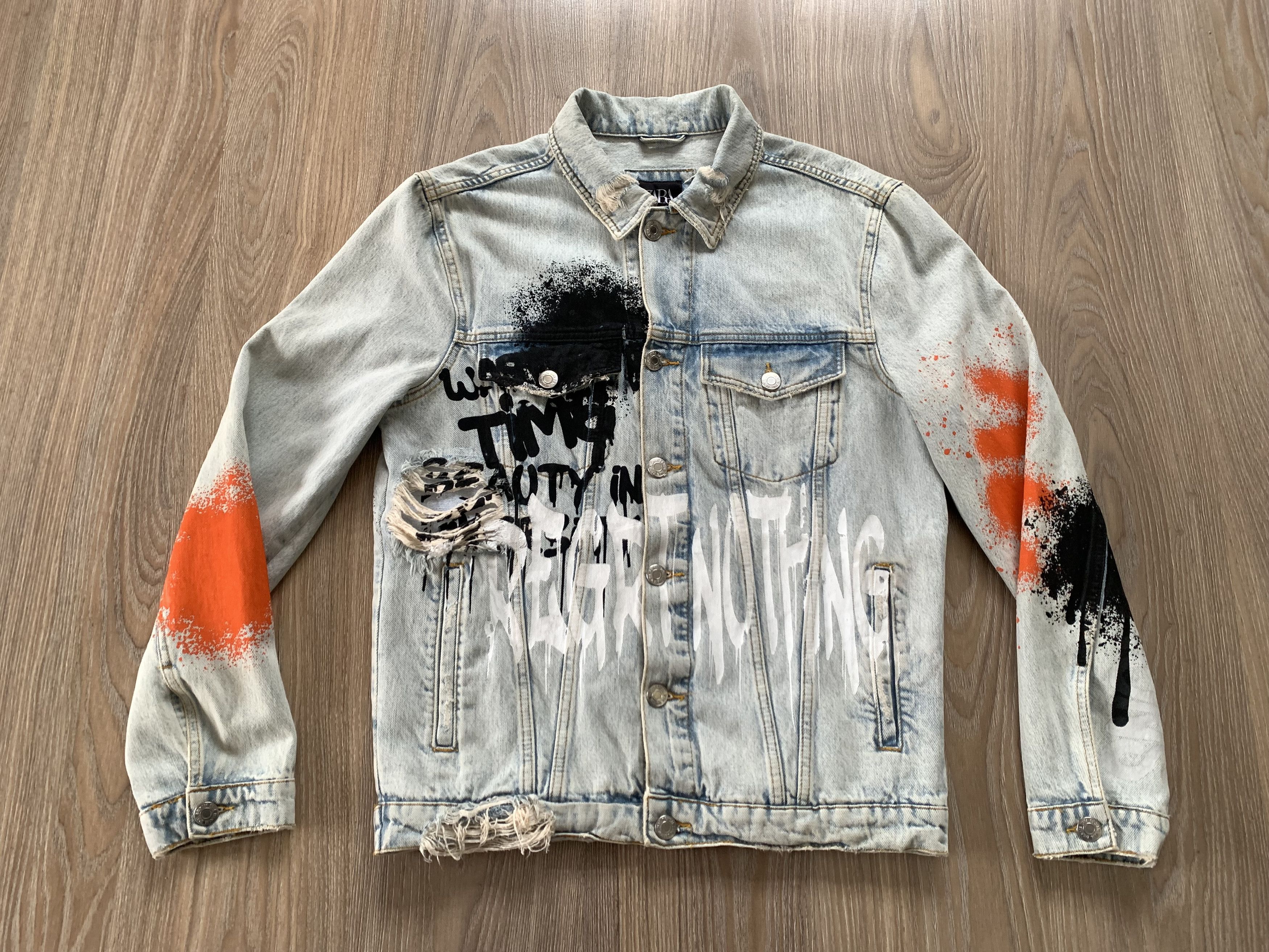 Zara ZARA Painted Graffiti Art Distressed Denim Jacket Size US M / EU 48-50 / 2 - 2 Thumbnail
