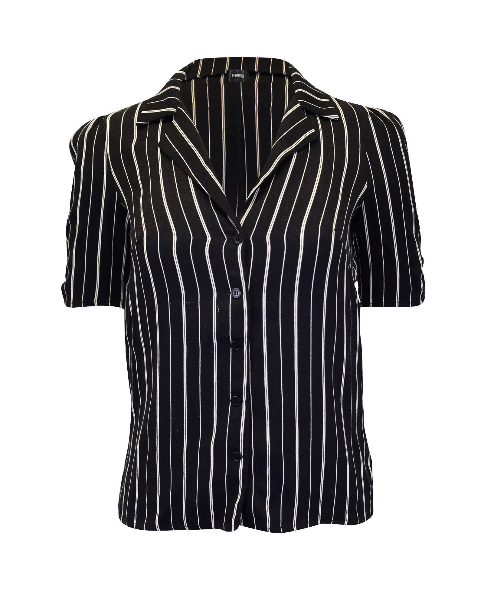 image of Reformation Striped Short Sleeve Button-Up Shirt In Viscose And Rayon in Black, Women's (Size XS)