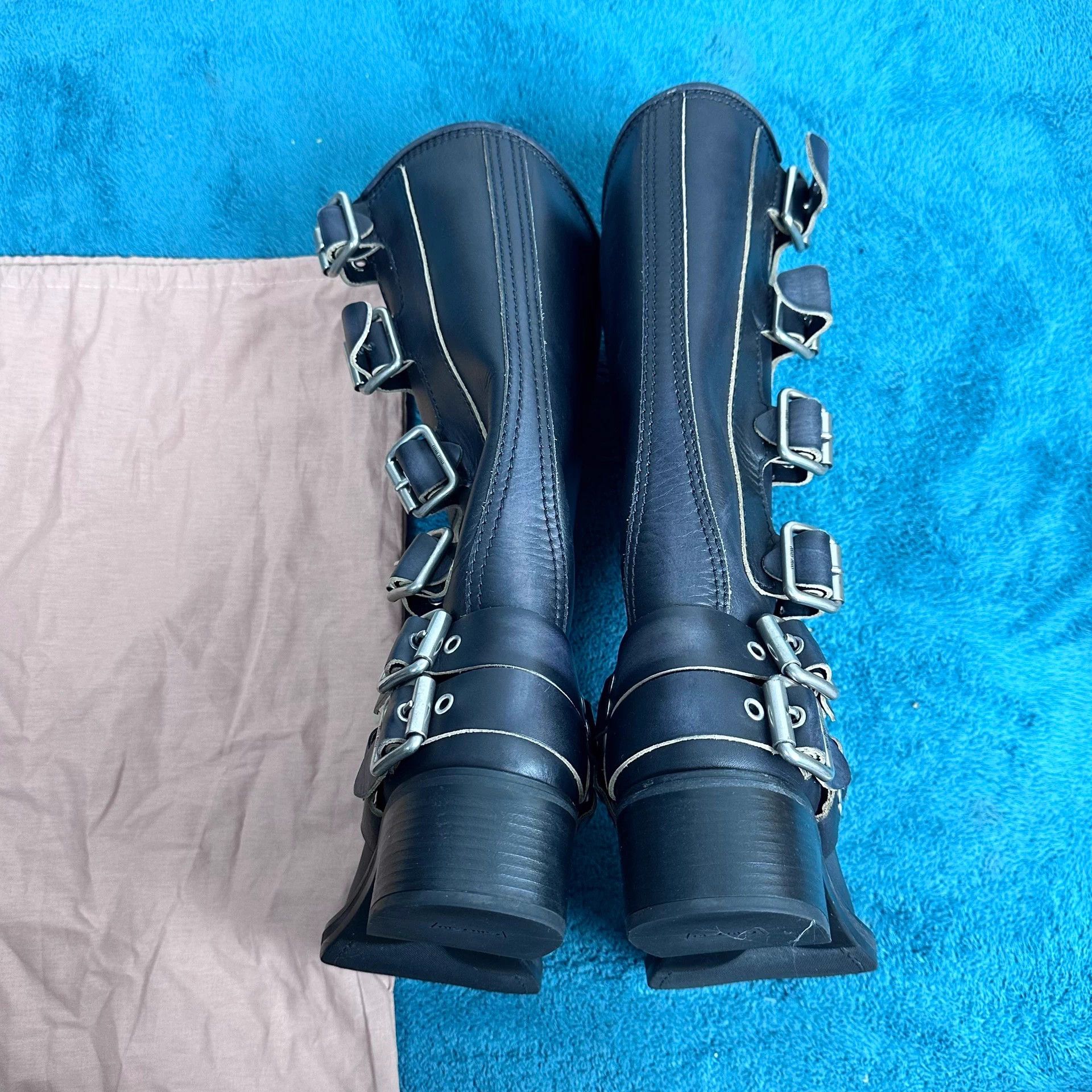 Miu Miu MIU MIU Buckle Distressed Knee-High Boots Black EU37 Size US 6 / IT 36 - 4 Thumbnail