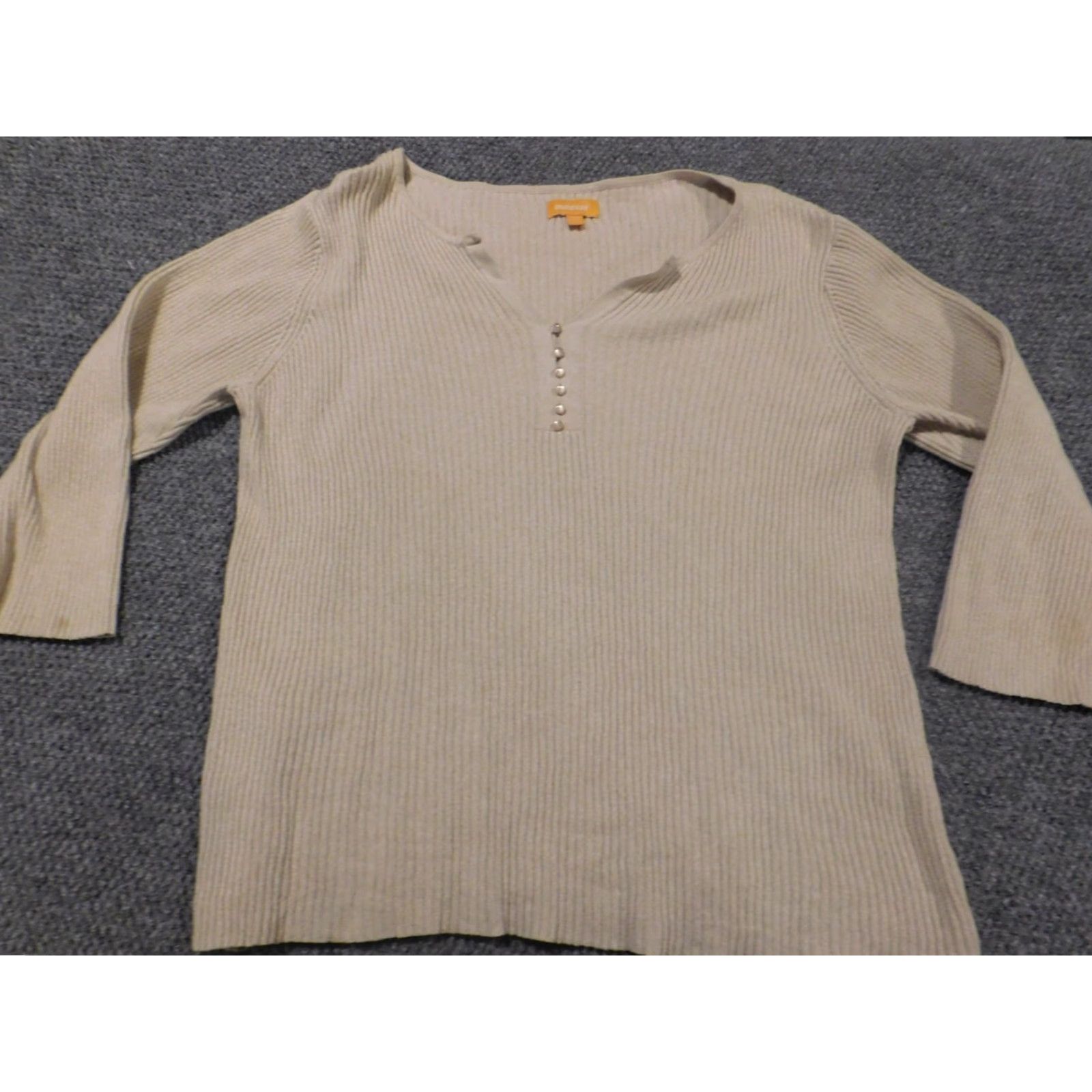 Avenue Avenue Sweater Pullover Women 22 Beige Long Sleeve Cotton Knit V-Neck Embroidered Casual Stretch Modern Vintage No Size 3XL / US 20-22 - 2 Thumbnail