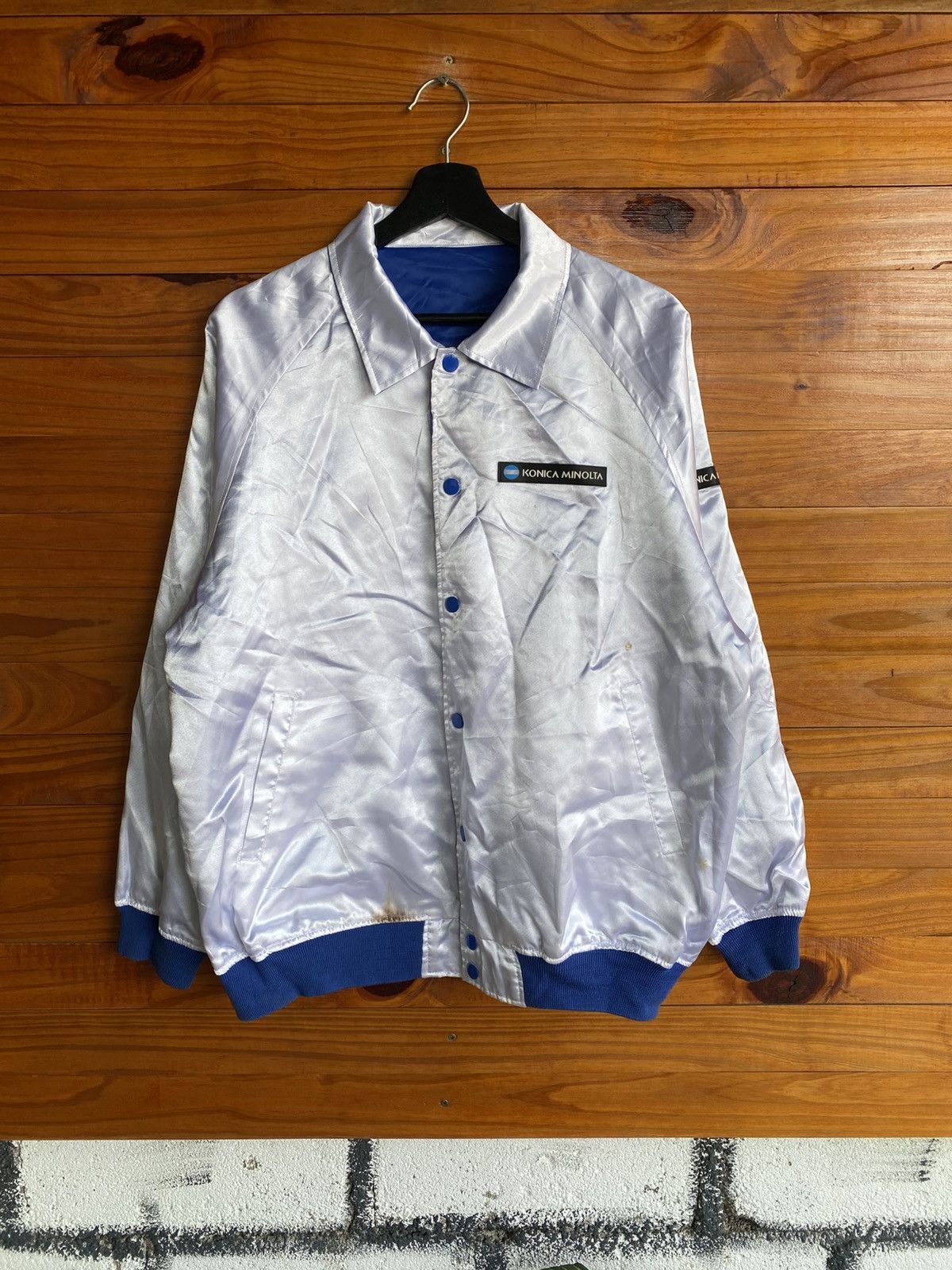Japanese Brand Vintage Konica Minolta Satin Coach Jacket Blue White Logo Size US L / EU 52-54 / 3 - 12 Thumbnail
