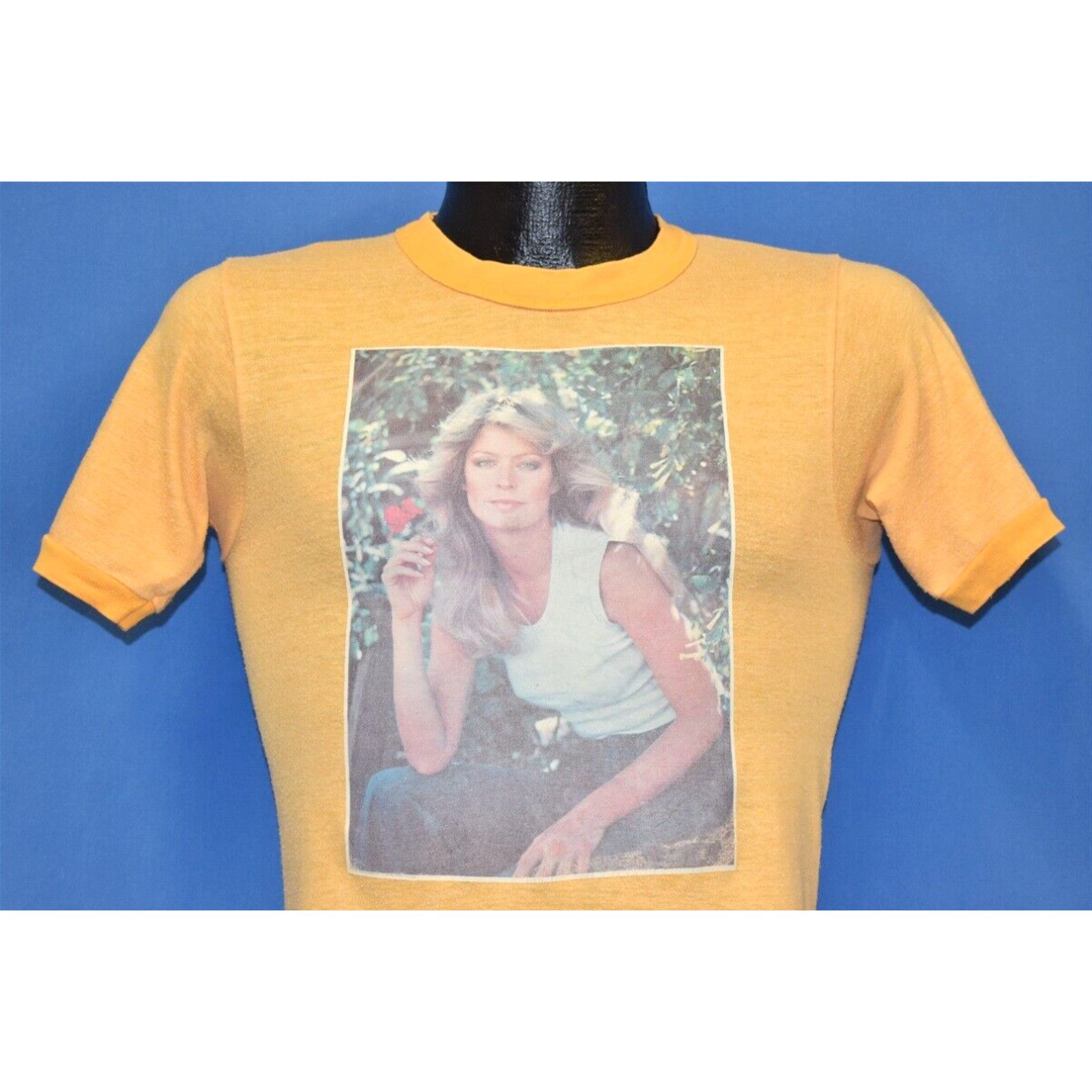 image of Vintage VTG 70's Farrah Fawcett Iron On Promo Flower Blue Top '77 Yellow 50 50 T-Shirt Xs in White