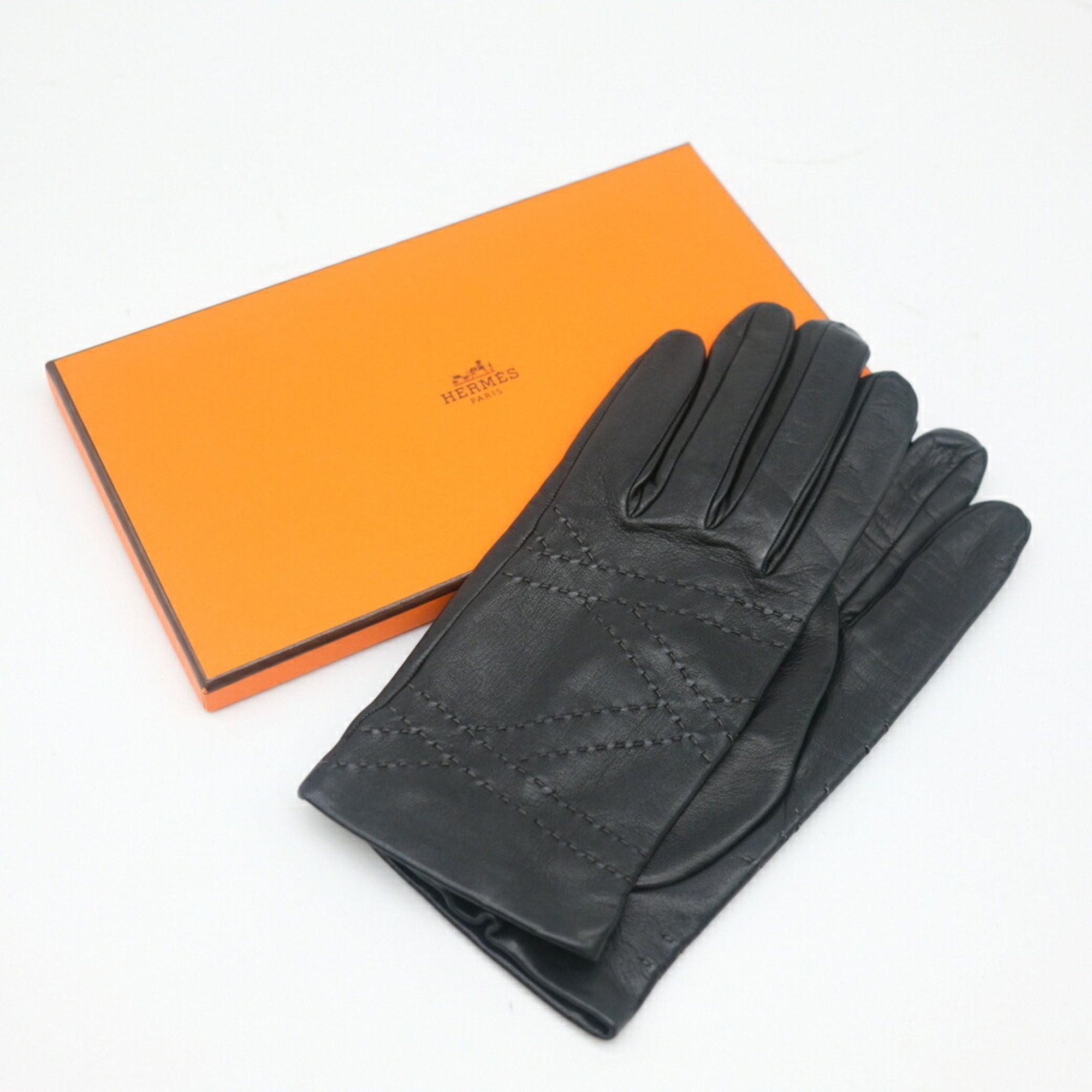 image of Hermes Gloves Silk Stitch Lambskin Black, Women's