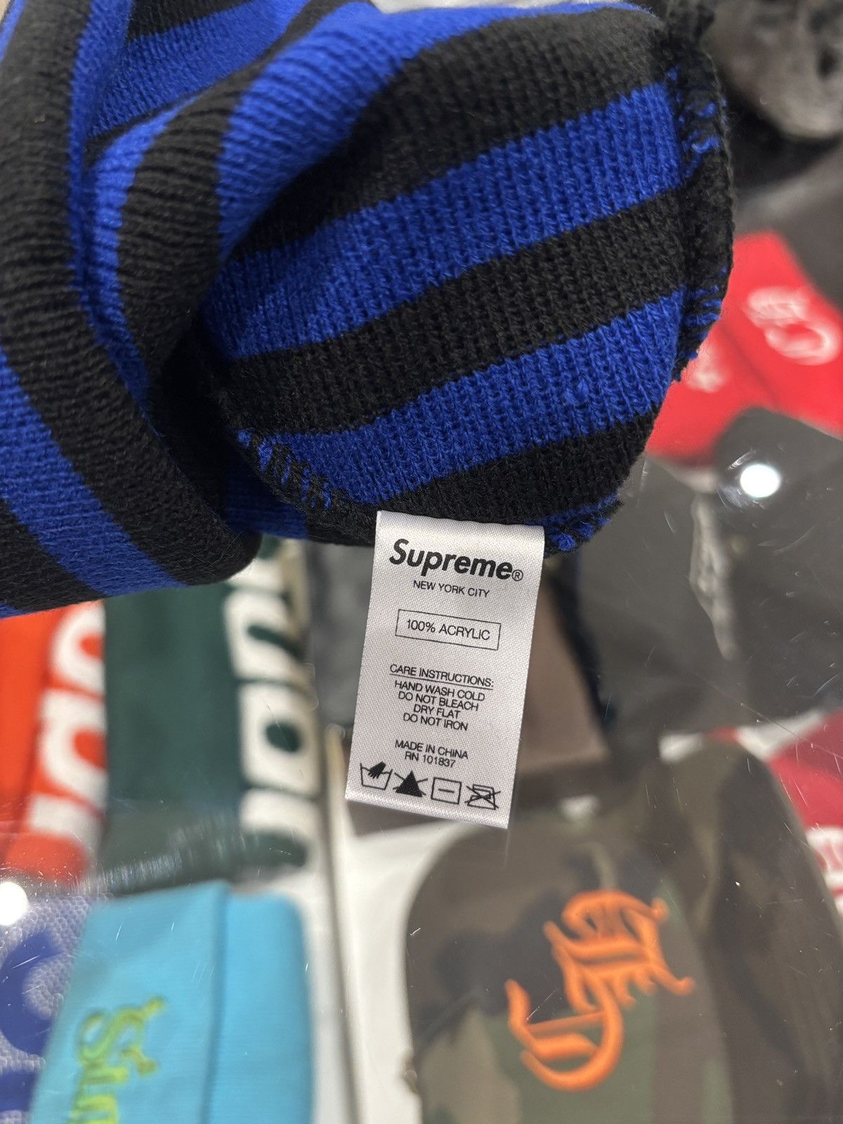 Supreme Vertical Logo Striped Beanie Blue