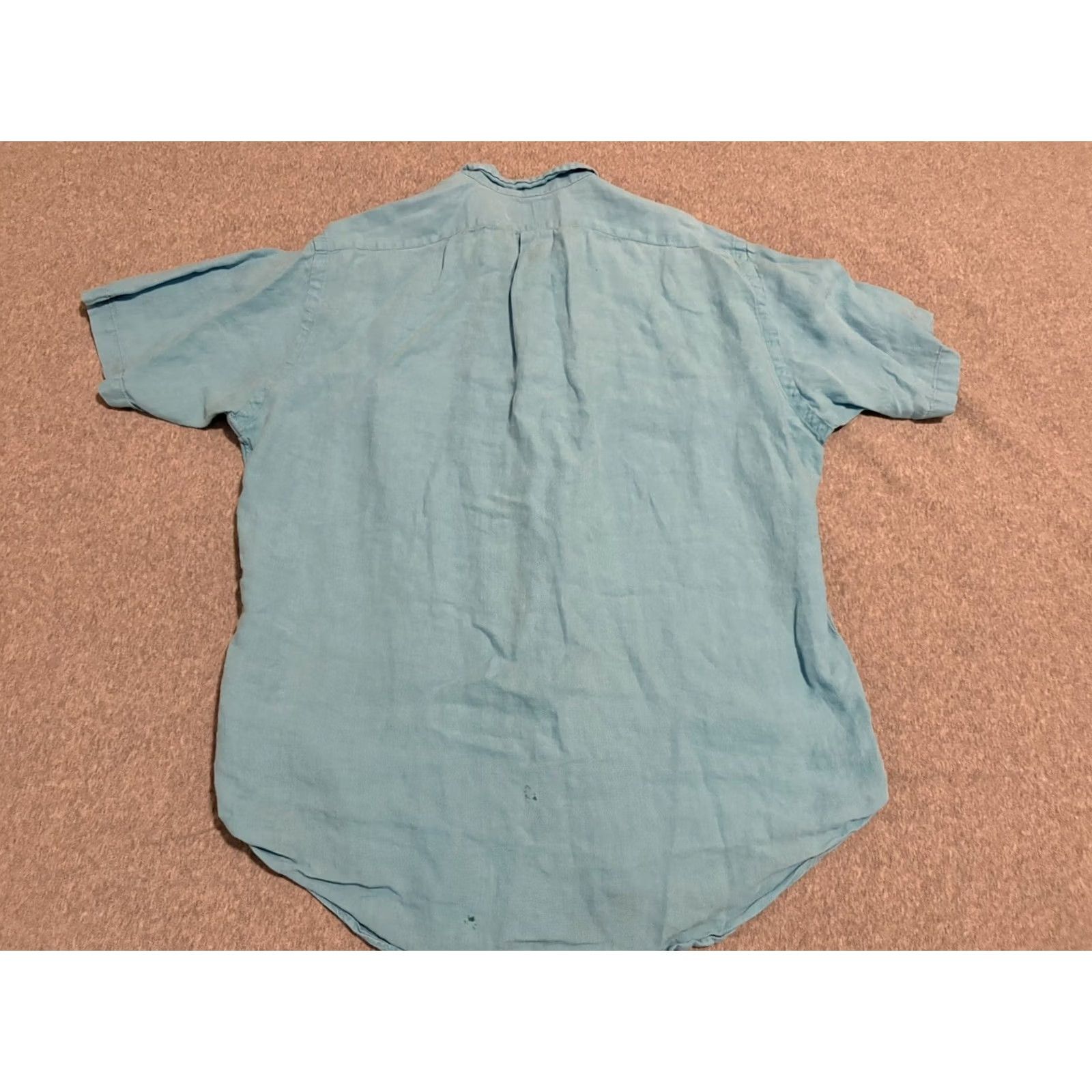 Polo Ralph Lauren VINTAGE Polo Ralph Lauren Short Sleeve Button-Up Shirt Mens Large Blue Linen Stain Flawed Pony Size US L / EU 52-54 / 3 - 5 Thumbnail