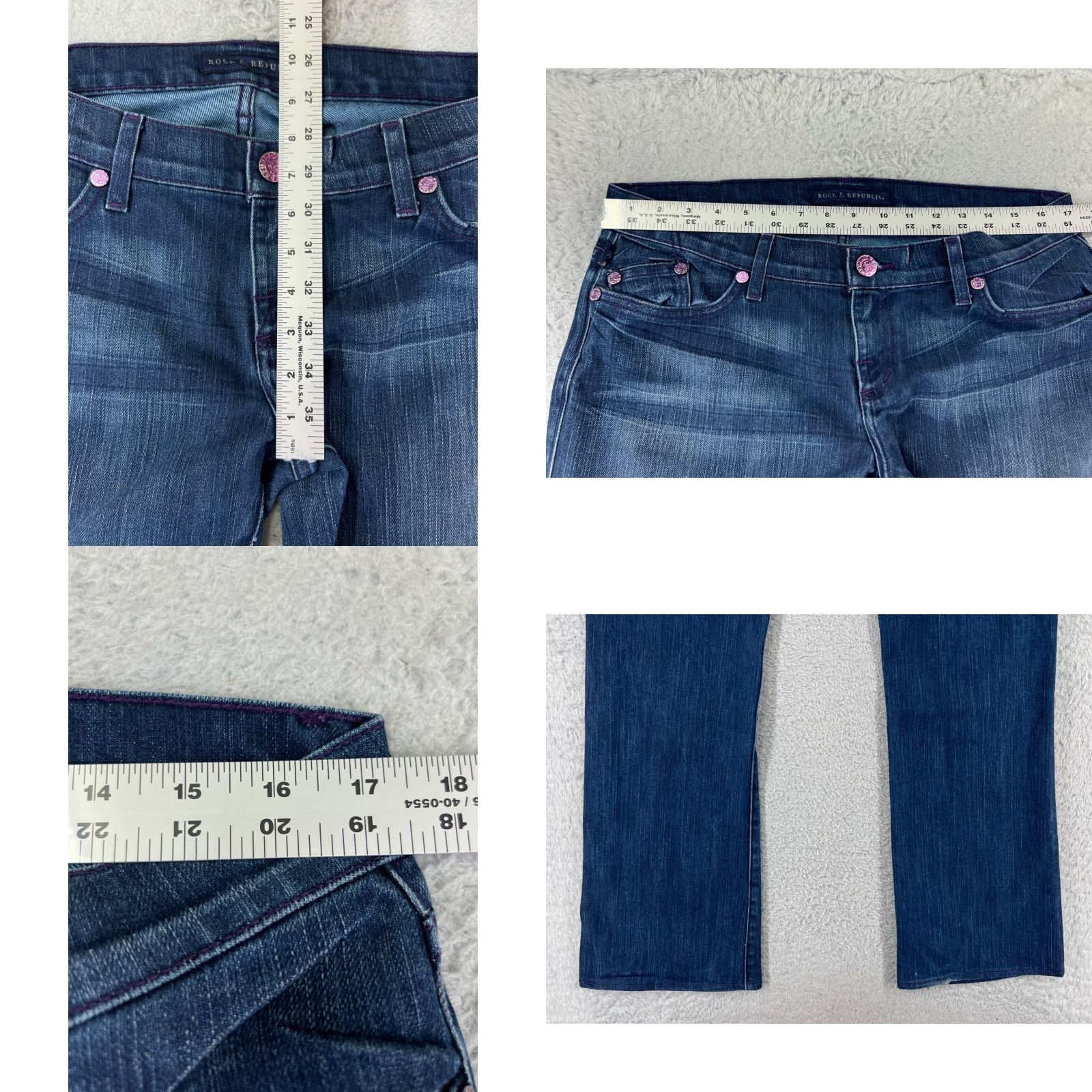 Vintage Rock & Republic Jeans Women 31 Blue Denim Bootcut Embroidered Dark Wash Low Rise Size 24" / US 00 / IT 34 - 9 Thumbnail