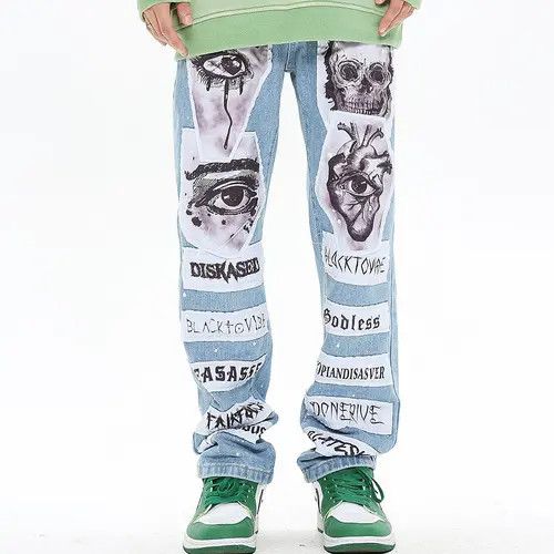 image of Eyes Graphic Patchwork Denim Jeans in Blue, Men's (Size 32)