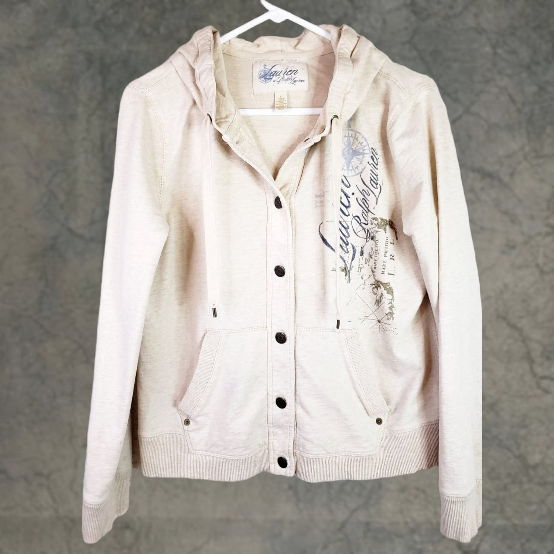 Ralph Lauren Lauren Ralph Lauren Hoodie Jacket Women's L Button Front Logo Beige Solid Hooded Pockets Fall Winter Spring Seasonal Casual Designer Regular Fit Size L / US 10 / IT 46 - 1 Thumbnail