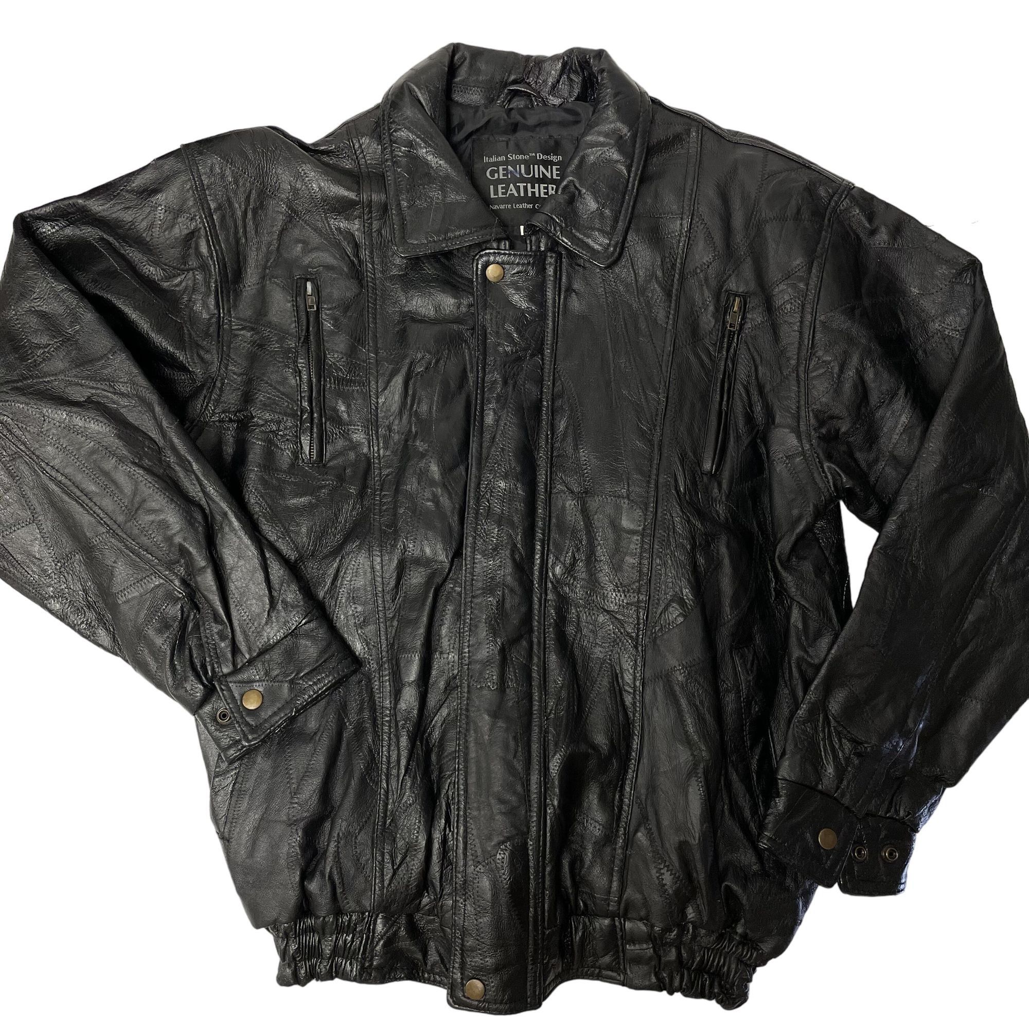 Other Vtg Navarre Italian STONE Design Black Leather BOMBER Size US XL / EU 56 / 4 - 6 Thumbnail