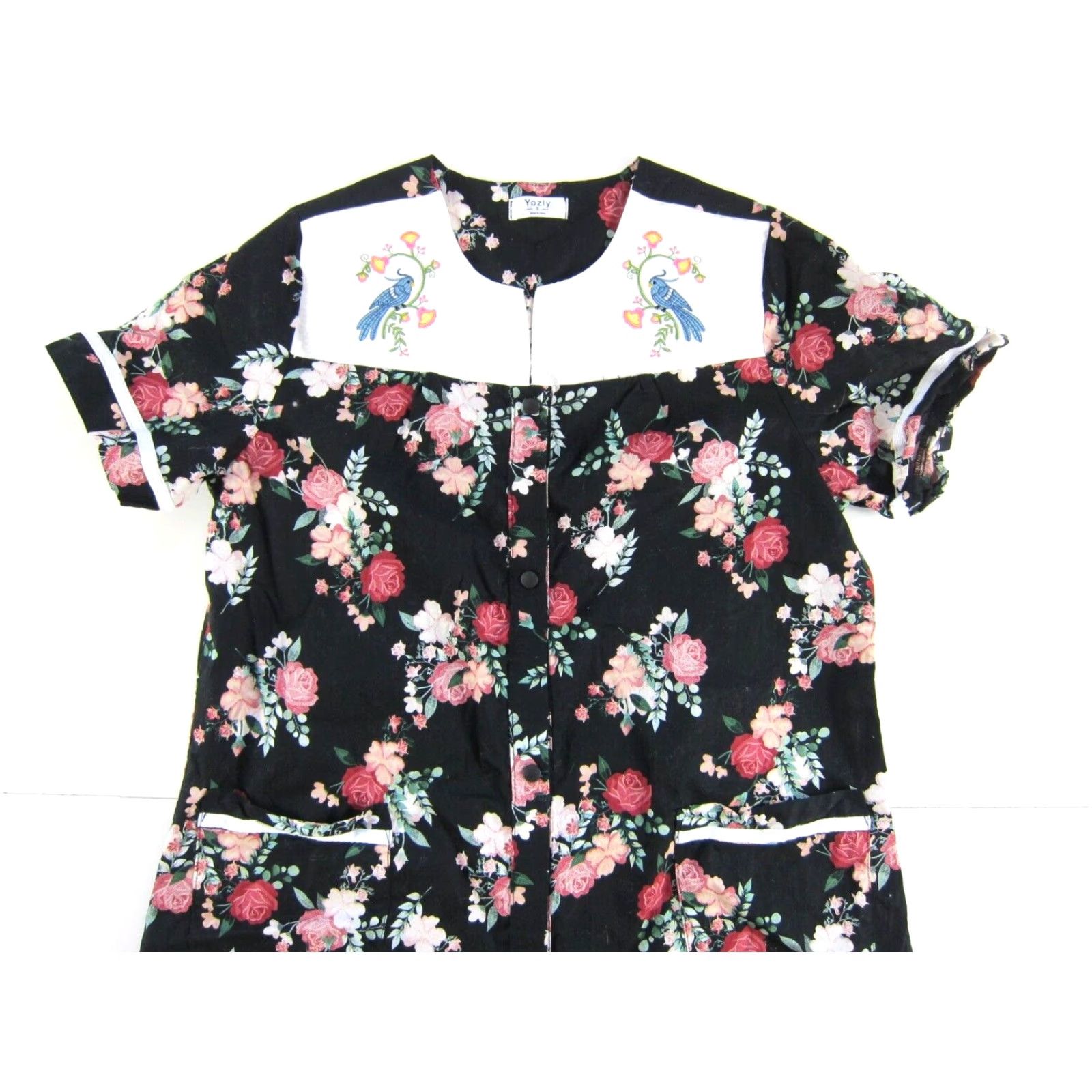 Pinko Yozly Cotton Stretch Black Pink Floral Bird Button Down Pocket House Dress Small Size S / US 4 / IT 40 - 4 Thumbnail