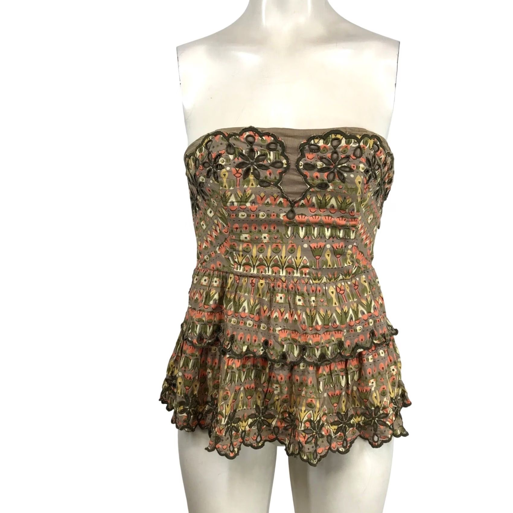 Anthropologie Floreat Anthropologie Strapless Peplum Top Brown Floral Eyelet Embroidered Sz 0 Size XS / US 0-2 / IT 36-38 - 2 Thumbnail