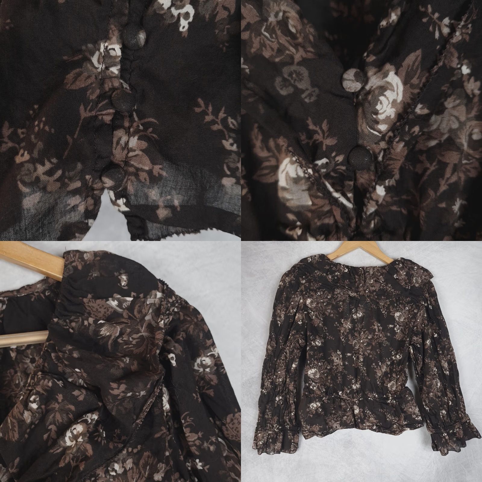 Gap Gap Blouse Womens Medium Brown Floral Ruffle Collar Peplum Sheer V-Neck Button Front Long Sleeve Casual Fall Womens Size M / US 6-8 / IT 42-44 - 9 Thumbnail