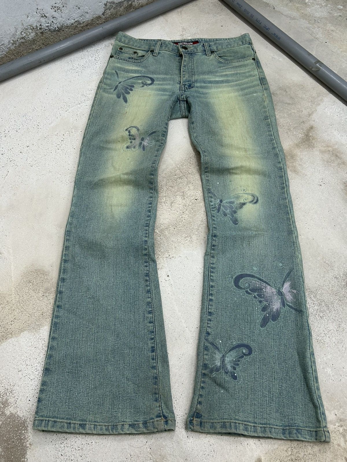 GOSTAR DE FUGA × Japanese Brand Interlow Unisex Jean Flare Mud Light Art Butterfly Paint Size US 29 - 2 Thumbnail