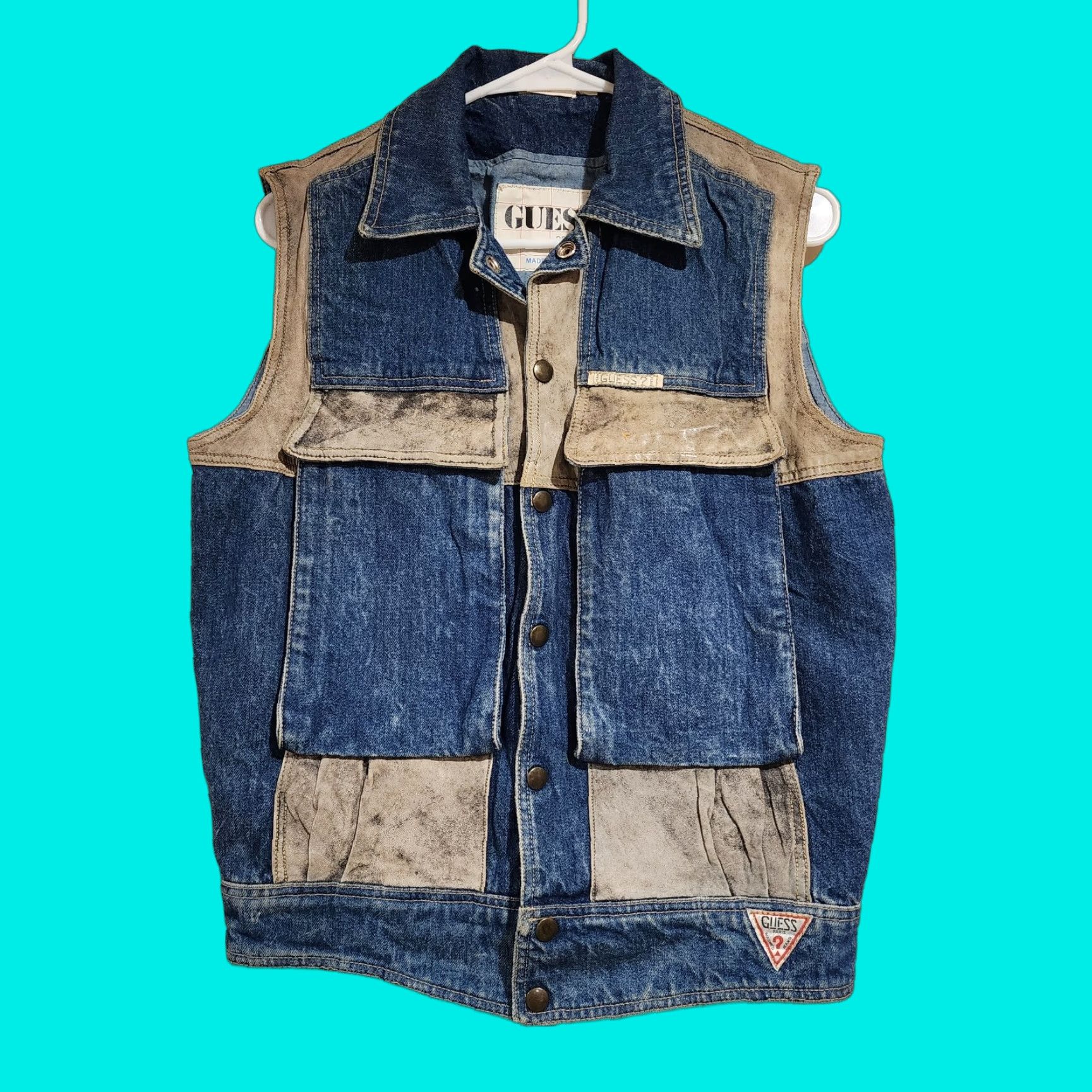 VINTAGE Guess Denim Leather Vest Shirt Mens Medium Brown 1980s Motorcycle/Biker - Outdoor Vintage 80s
