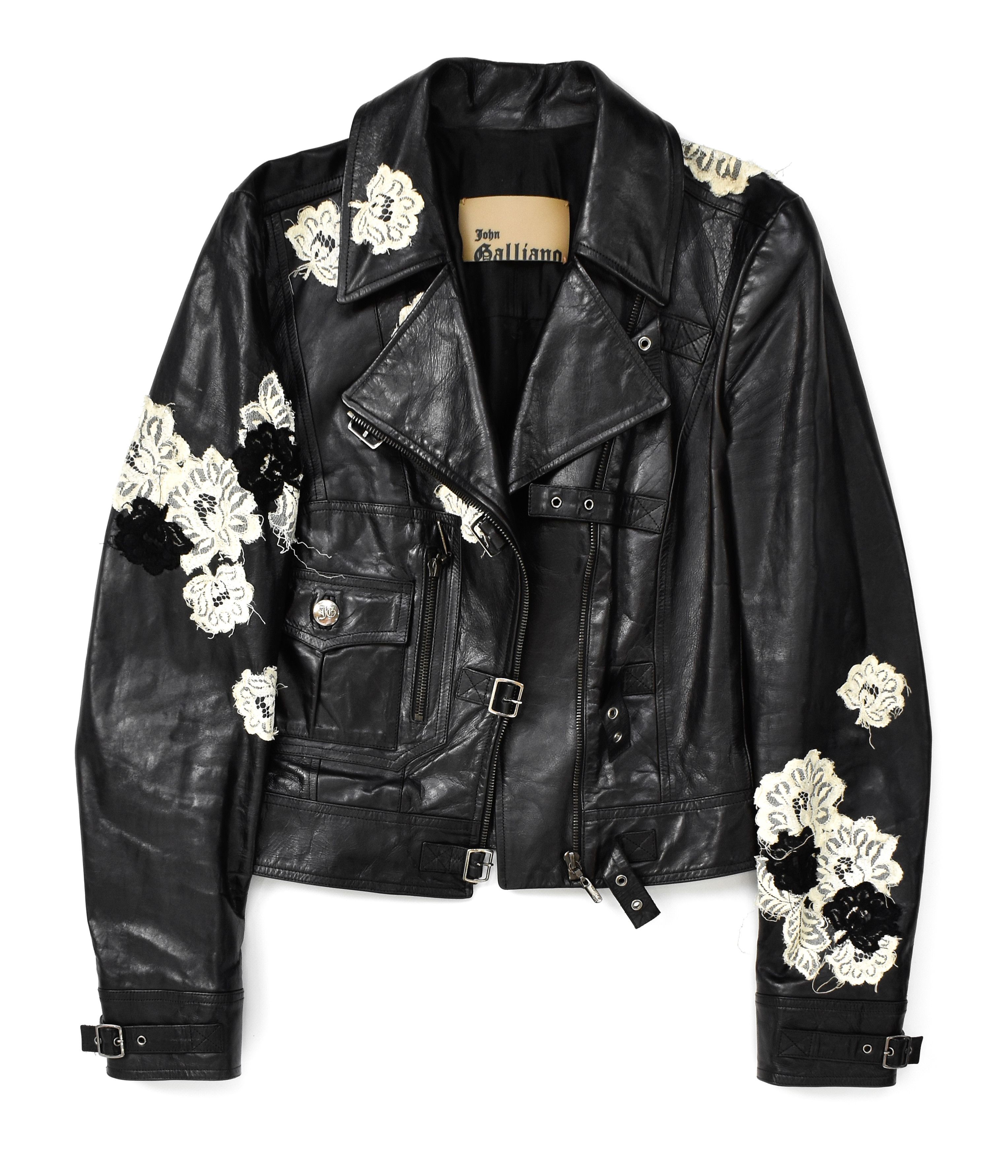 image of John Galliano Vintage Leather Biker Jacket Lace Gazette in Black, Women's (Size Small)