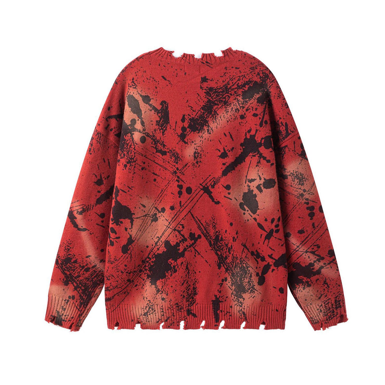 Red Distressed Knit Sweater, Oversized Graphic Pullover