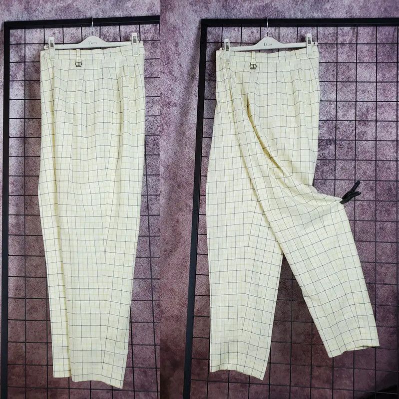Dior Yellow Plaid Wool Women's Casual Pants 0089