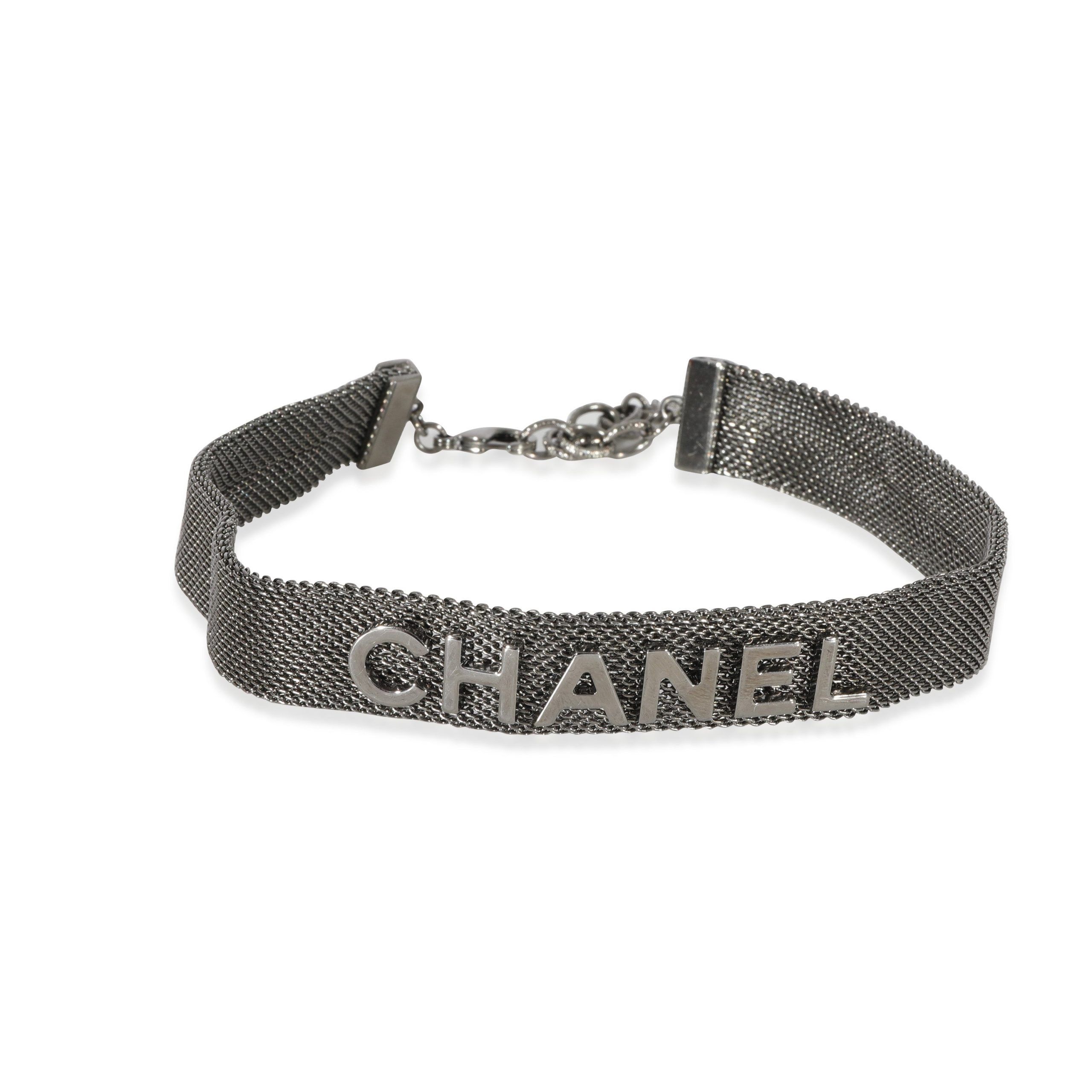 image of Chanel Mesh Logo Choker Necklace in Silver, Women's