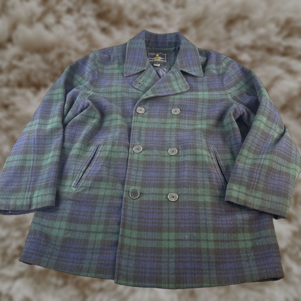 Lauren Ralph Lauren Coat Wool Plaid Pea Coat Blue Green L Womens Seasonal Fall Winter Spring Adults Regular Button Front Mid-Length