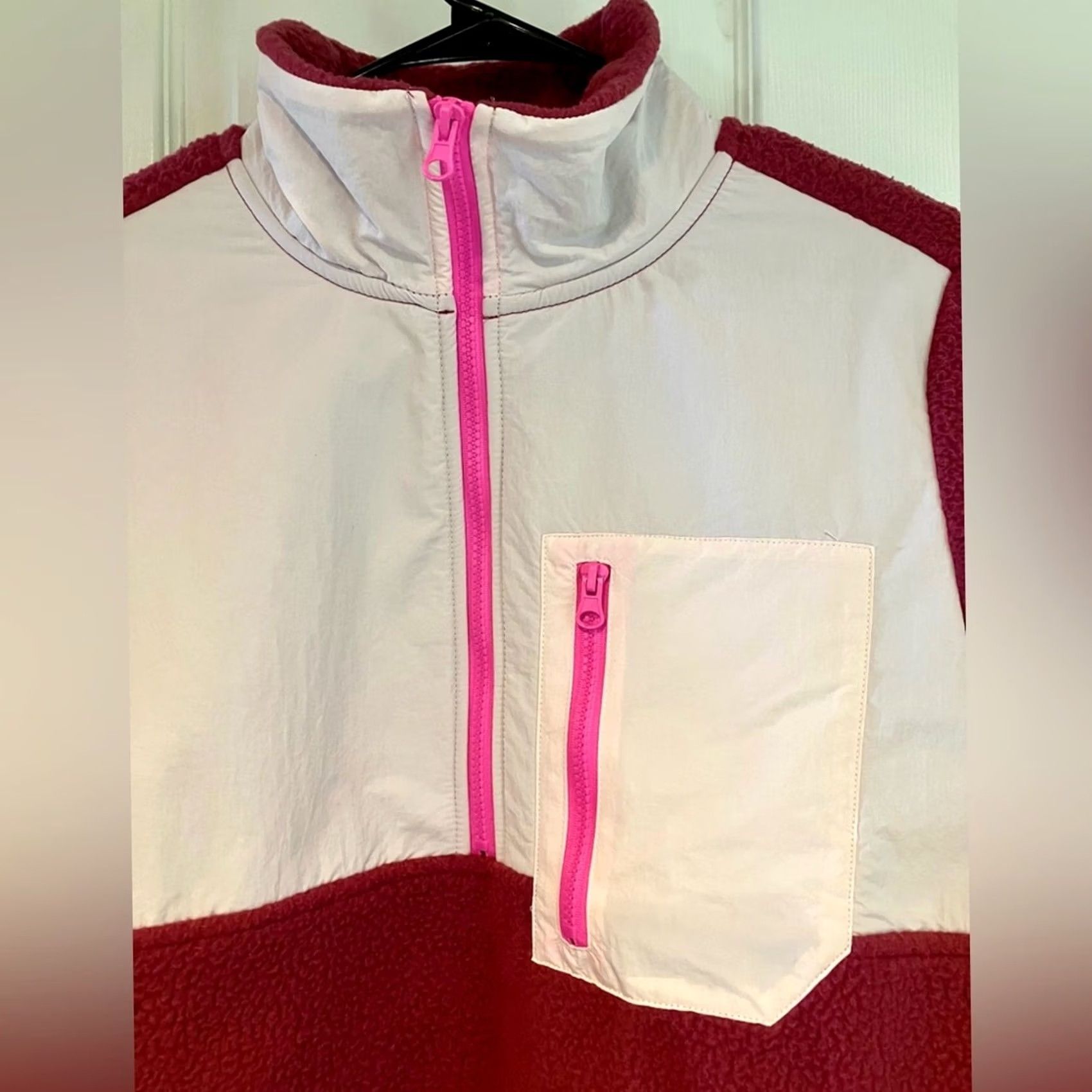 Pinko TeVerde Colorblock Sherpa Quarter Zip Mixed Media Pullover Jacket Pink White S Size S / US 4 / IT 40 - 3 Thumbnail