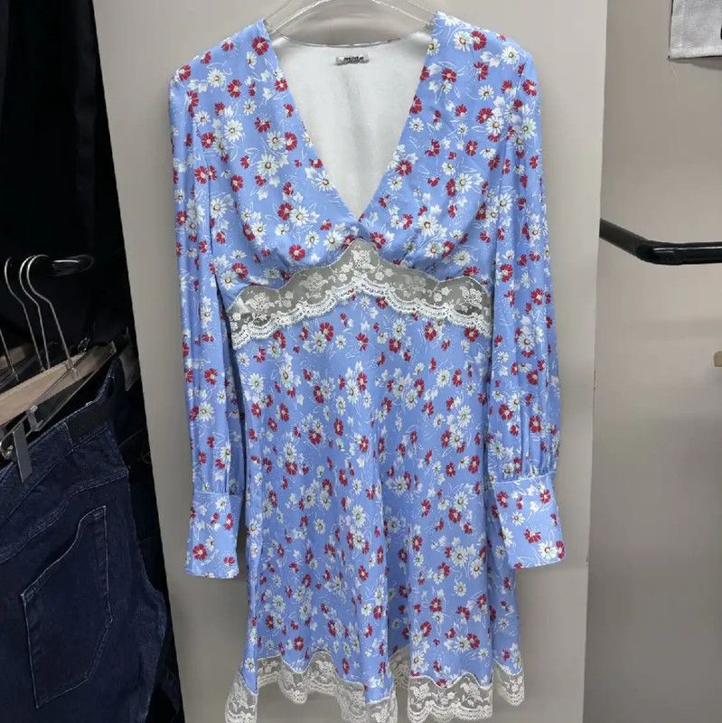 Miu Miu Miu Miu Floral Print Blue Dress for Women 0089 Size L / US 10 / IT 46 - 1 Thumbnail