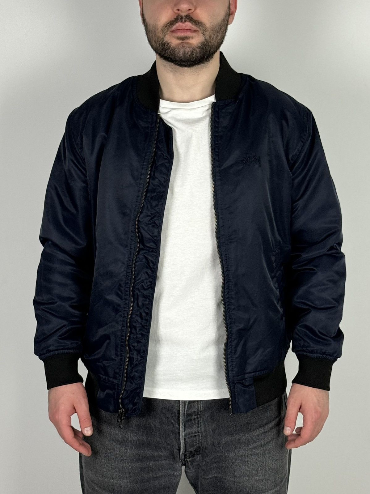Stussy Embroidery Logo Basic Navy Bomber Jacket