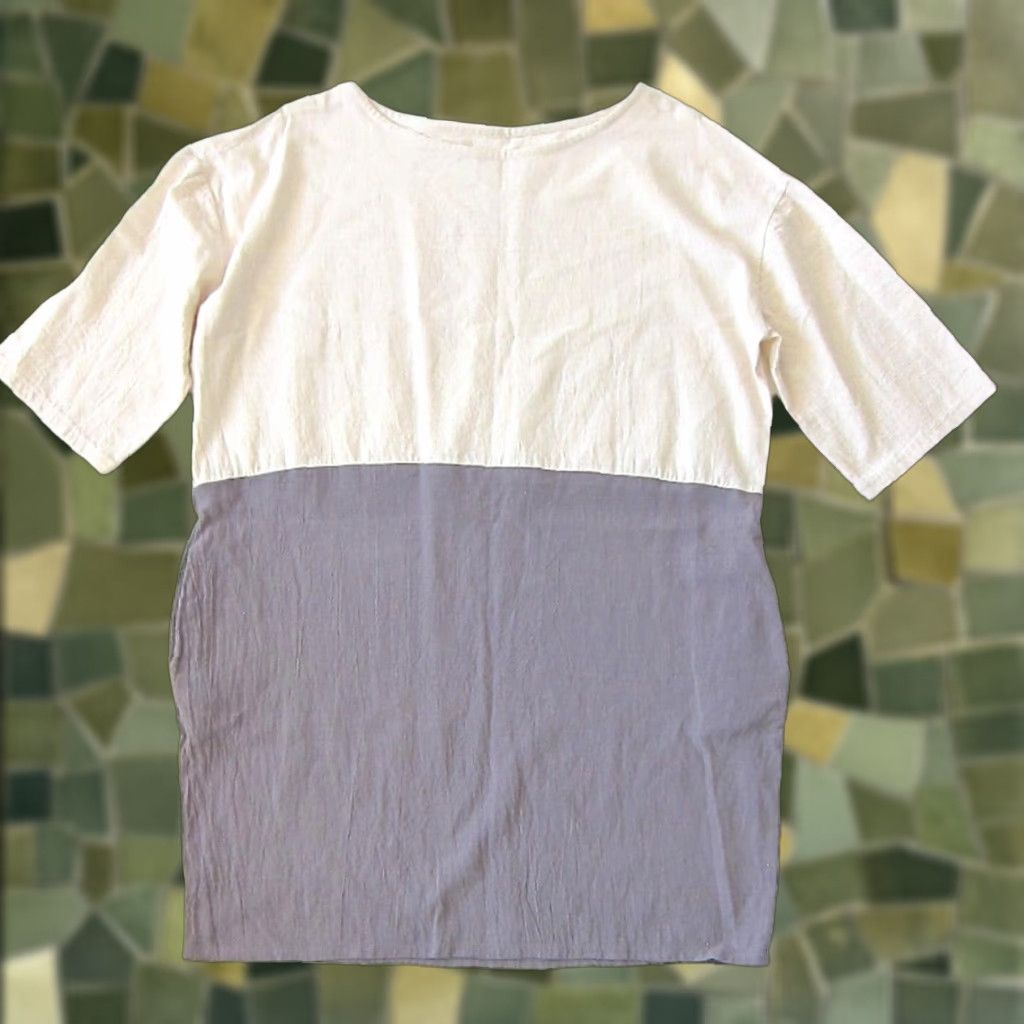 Vintage 100% Cotton Ivory Grey Lagenlook Short Sleeve Pocket Tunic Sheath Dress Large Size 36" / US 14 / IT 50 - 1 Thumbnail
