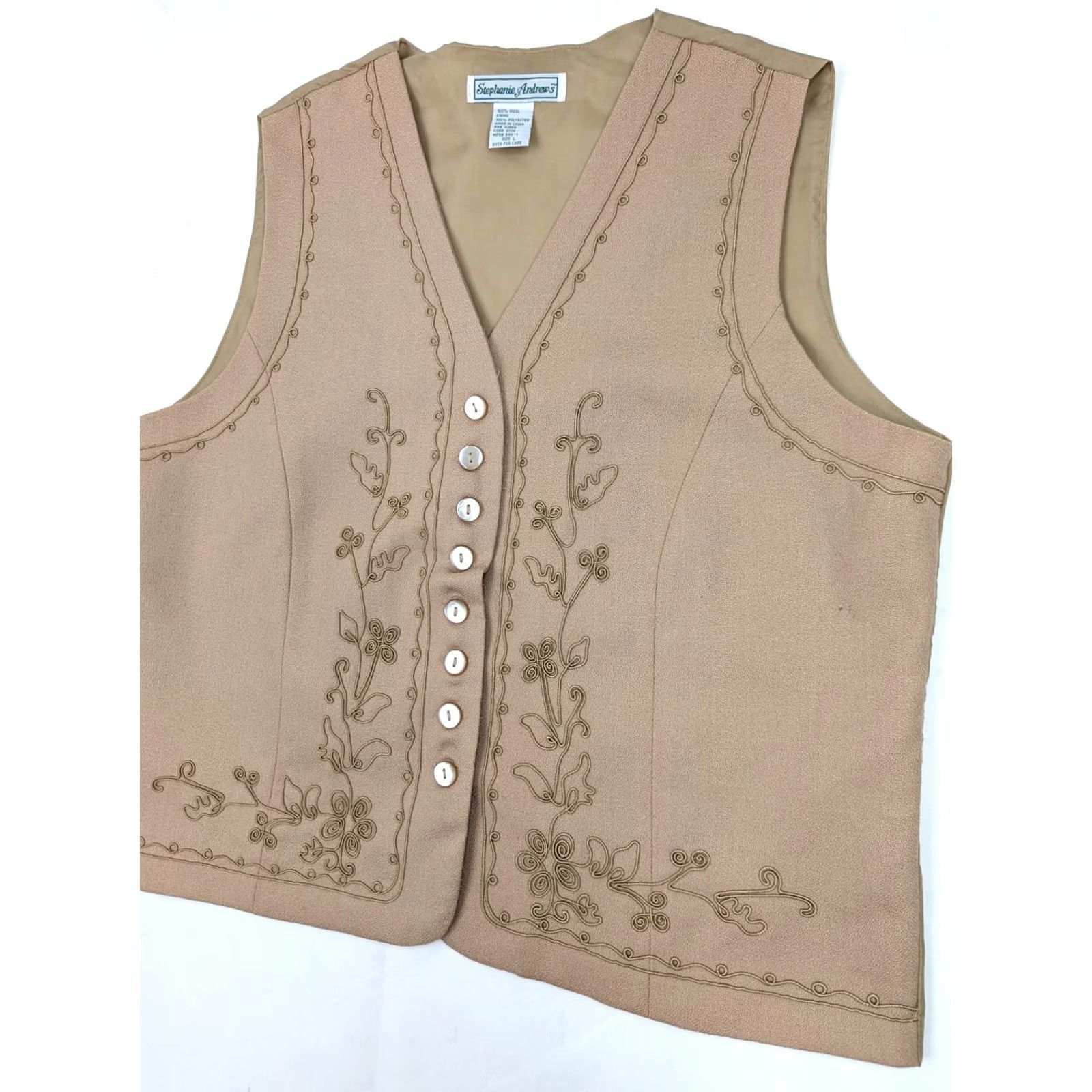 Vintage VINTAGE Stephanie Andrews Wool Soutache Embroidered Vest Lined Waistbelt Women L Vest Beige/Solid Jacket/Coat Length Short Sleeveless 100% Wool Size L / US 10 / IT 46 - 2 Thumbnail