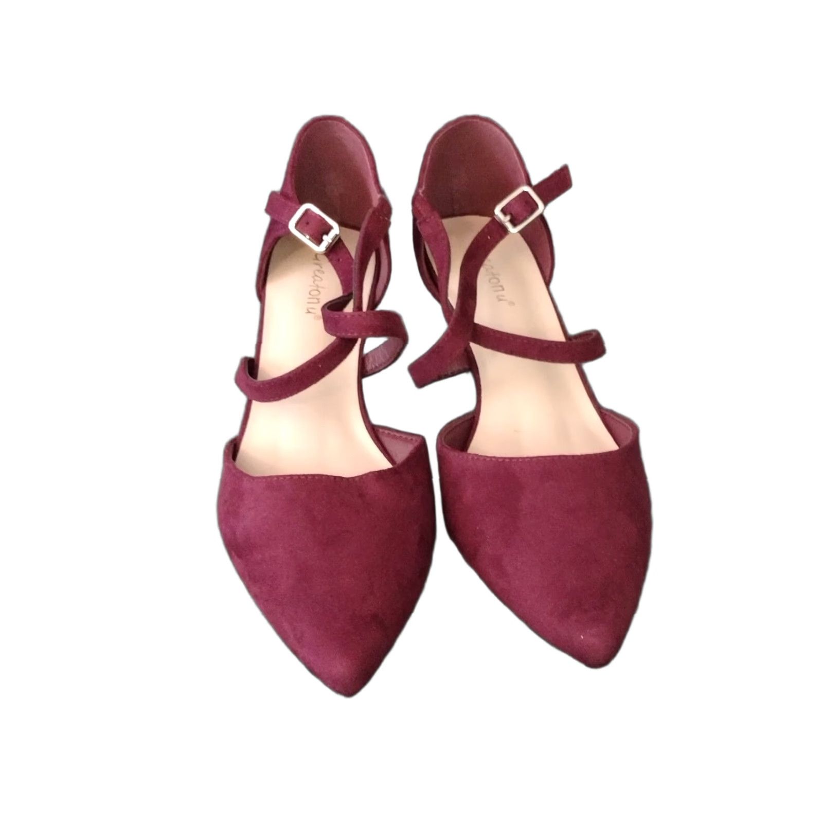 Vintage VINTAGE Greatonu Burgundy Suede Leather Ankle Strap Point Toe Size 10 Womens Heel 80s 90s Burgundy Leather Thong Cone Heels Mens? Size US 8 / IT 38 - 1 Thumbnail