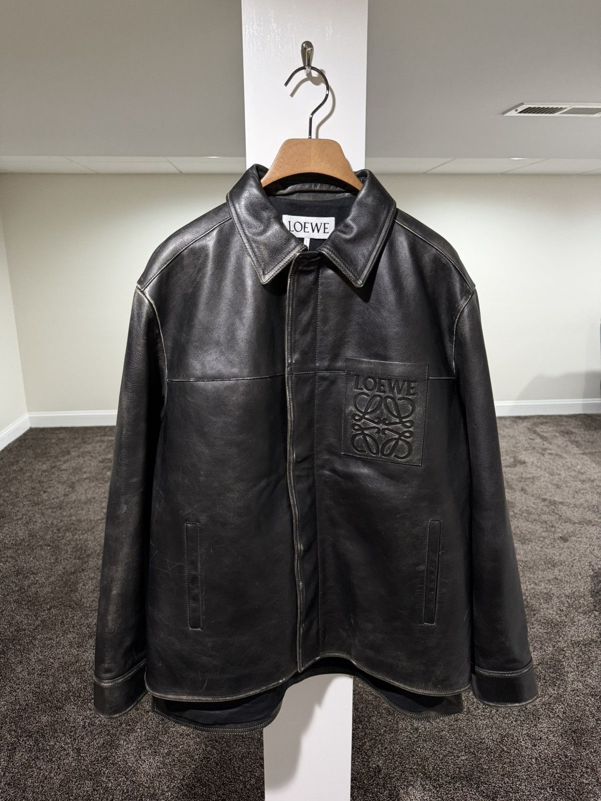 Loewe Loewe SS24 Black Aged Calfskin Leather Anagram Logo Jacket Size US L / EU 52-54 / 3 - 1 Thumbnail