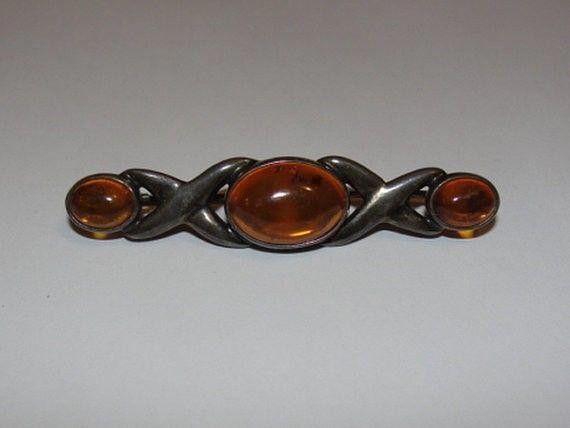 Designer Sterling Silver Baltic Amber Cabochon Bar Pin Love XOXO Size ONE SIZE - 1 Thumbnail