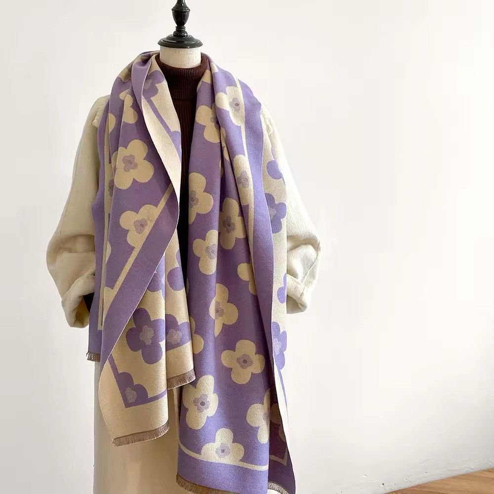 Japanese Brand × Vintage Scarf Luxury Double Sided Cashmere Feel Flower Warm Shawl Size ONE SIZE - 1 Thumbnail