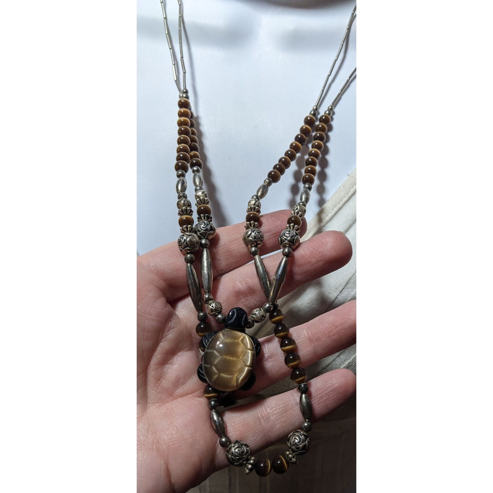 Other Vintage Liquid Silver Brown Cateye Beaded Multilayer Carved Size ONE SIZE - 10 Thumbnail