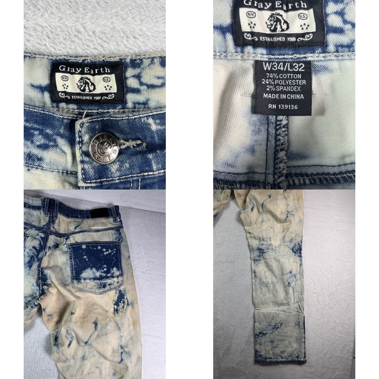 Vintage Gray Earth Jeans Men’s Regular 34x32 Acid Washed Distressed Denim Blue White 5-Pocket Zipper Vintage: No Size US 34 / EU 50 - 8 Thumbnail