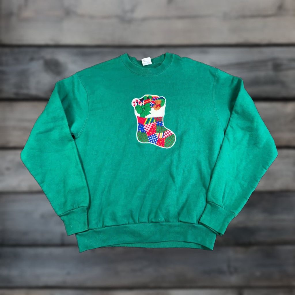 Vintage VINTAGE B.V.D Sweatshirt Christmas Stocking Green 80s Adult Large Raglan Long Sleeve Crew Neck 50-50 Cotton Polyester Fleece Pullover Size L / US 10 / IT 46 - 1 Thumbnail