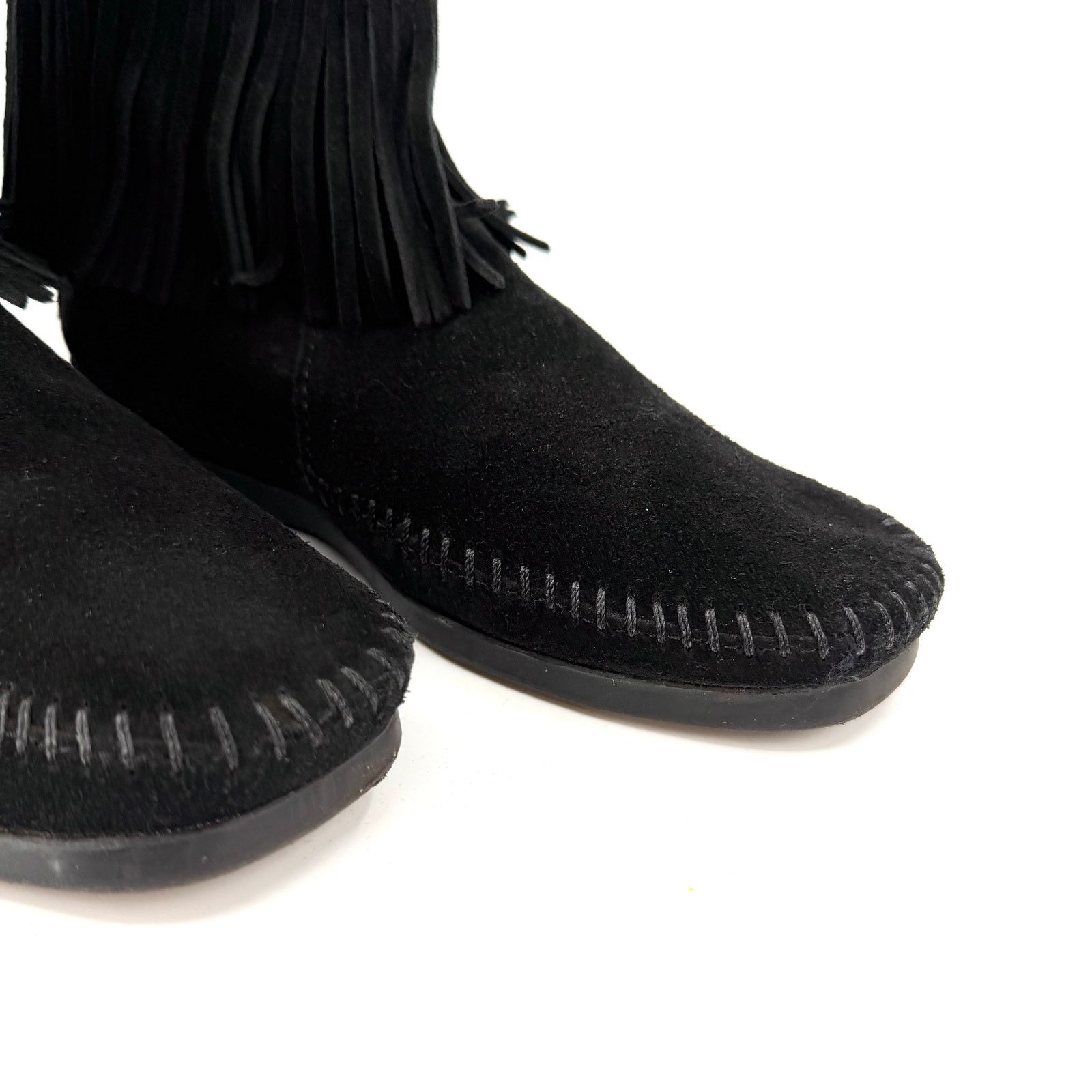 Minnetonka Black Genuine Leather Fringe Back Zip Moccasin Booties Size US 5.5 / IT 35.5 - 2 Thumbnail