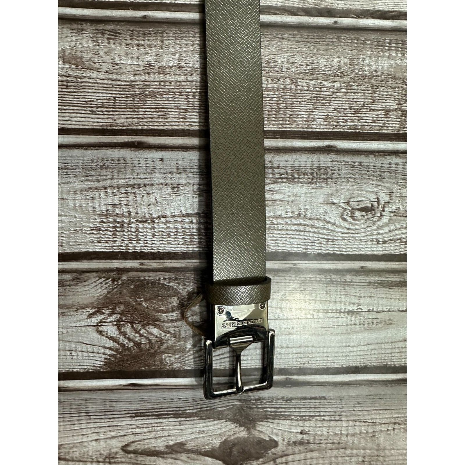 image of Burberry Leather Square Buckle Belt Olive Size 44 / 110 NWT in Green, Women's