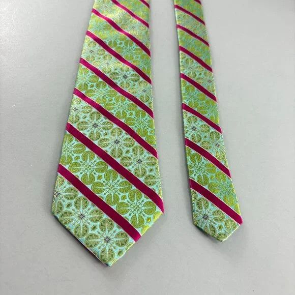 Ted Baker Ted Baker Lt. Green Flowers / Pink Striped Men's Long Tie Size ONE SIZE - 2 Thumbnail