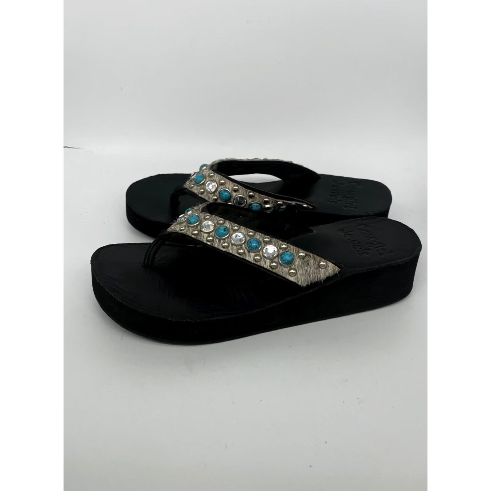 Vintage VINTAGE Women’s Sandal Platform Black 9.5 Strappy Cowboy Jewels Womens 9.5 Black Turquoise Gems Fur 1.5" Like New Size US 10 / IT 40 - 4 Thumbnail